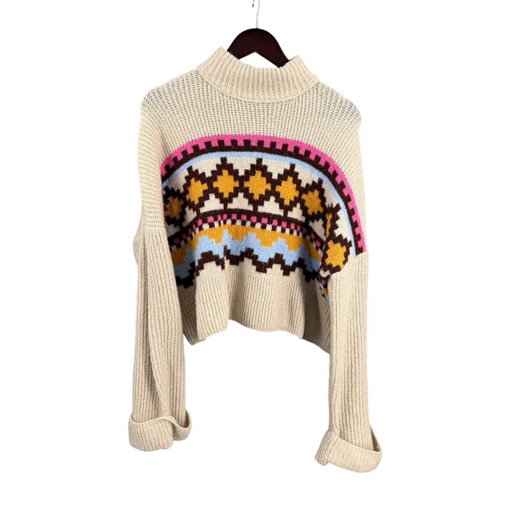 NYC Knits Womens Beige Geometric Mock Neck Oversized Chunky Cropp Sweater Medium